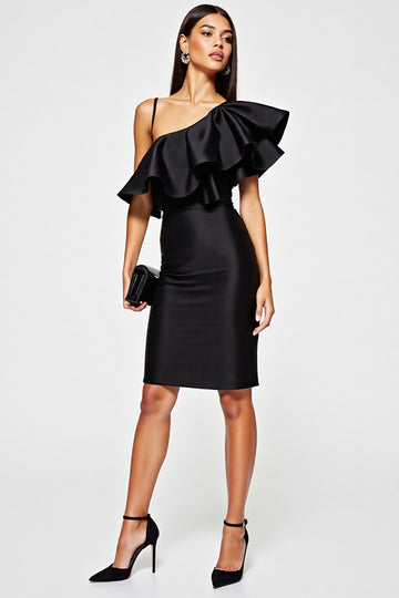 One Shoulder Bodycon Black Cocktail Dress with Ruffles